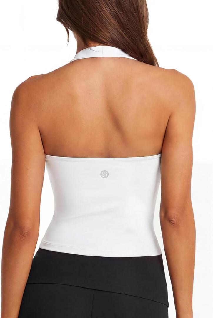 SUUKSESS Women Padded Halter Sports Bra Backless Longline Workout Crop Tank Tops (White, L)
