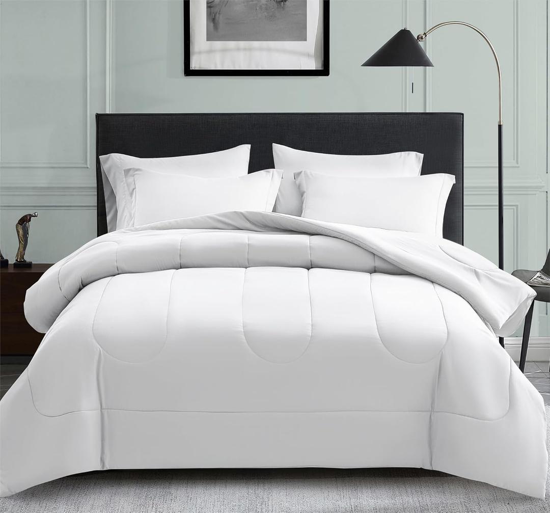 Maple&Stone Oversized King Comforter Sets 7 Pieces Bed in a Bag - Down Alternative Bed Set with Comforter, Sheets, Pillowcases & Shams, All Season Lightweight Bedding Set (White,120x98)
