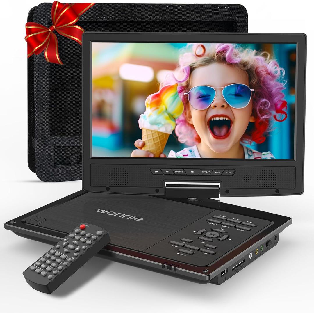 WONNIE 12.5" Portable DVD Player for Car with 10.5" Swivel Screen,5-Hour Rechargeable Battery,Car DVD Player with Headrest Mount,Dual Speakers,Remote Control,Support USB/SD Card/Sync TV,All Regions