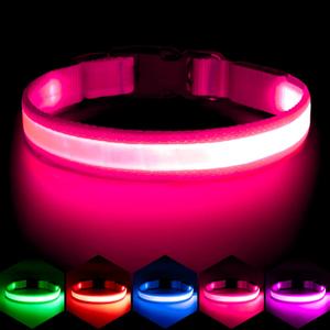 Vizpet LED Dog Collar, Light Up Dog Collar Adjustable USB Rechargeable Super Bright Safety Light Glowing Collars for Dogs (Medium, Pink) (Medium[14.96-19.68 inch])
