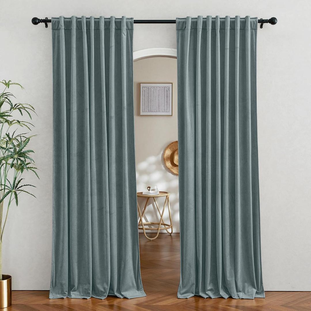 RYB HOME Velvet Curtains 90 inches Length, Back Tab & Rod Pocket Soft Fabric Curtains & Drapes for Bedroom Room Divider, Stone Blue, W 62 x L 90, 2 Panels Set