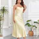 Women's Spaghetti Strap Midi Satin Silk Dresses Slip Cowl Neck Party Cocktail Evening Sexy Dress (Yellow, L)