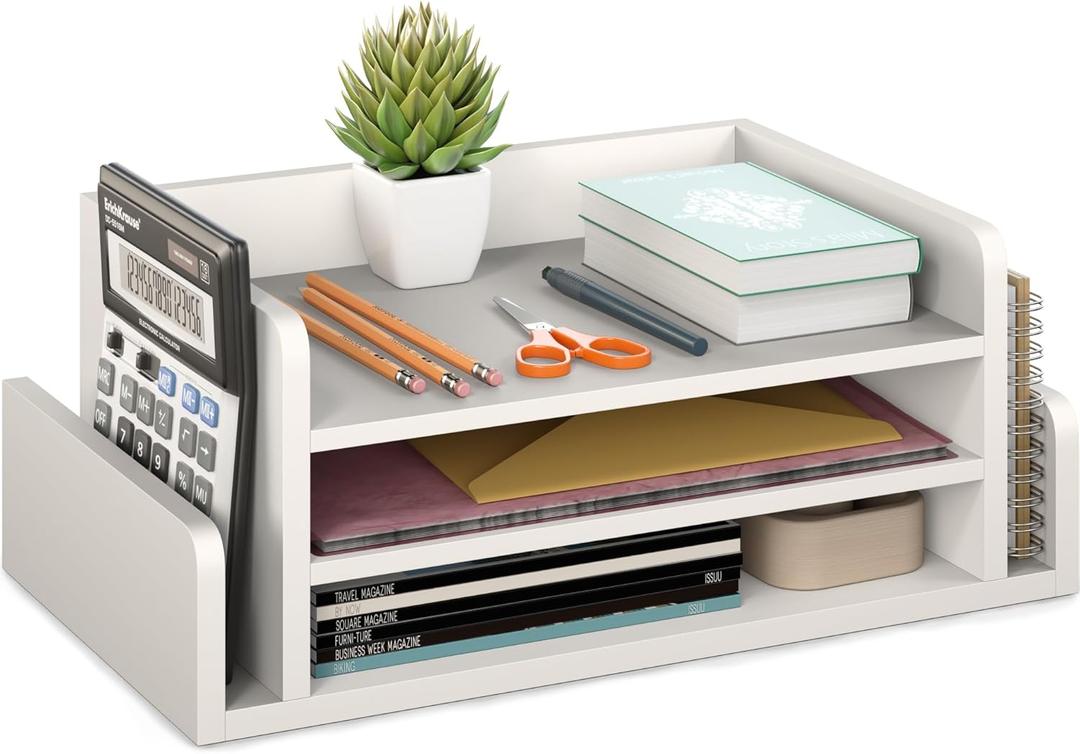 Ballucci 3-Tier Desk Organizer with 2 Side Mail Sorter Slots, Wood Letter Tray, Open Top Paper Organizer, Desktop File Organizer, White