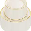 U-QE 100pcs Ivory Plastic Plates for Party - Ivory Gold Plastic Plates Disposable Heavy Duty - Include 50 10" Dinner and 50 7" Dessert Plate, Perfect for Party, Wedding