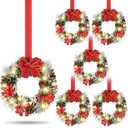 6 Pcs Mini Christmas Cabinet Wreath with Lights Prelit 8" Artificial Small Pinecone Front Door Wreath with Bow Xmas Hanging Garland for Kitchen Window Stairs Railing 