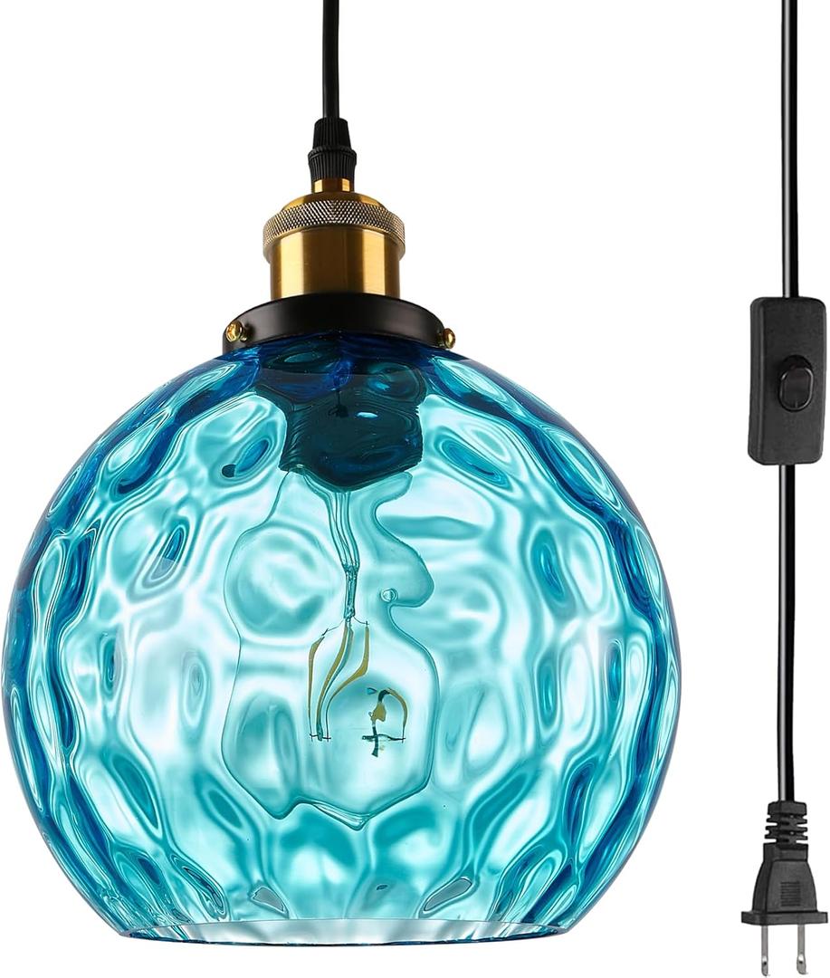 Plug-in Modern Pendant Lighting Blue Glass Globe Ceiling Pendant Lights Adjustable Cord Ceiling Hanging Light with Handblown Glass Shade for Bedroom Living Dining Room Kitchen Island
