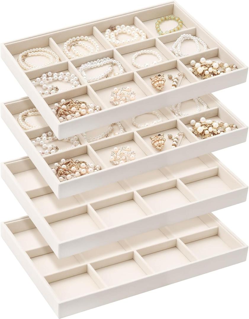4 Pcs Stackable 12 Grids Jewelry Organizer Tray Velvet bracelet holder Tray Stackable jewelry Organizer Trays for Drawer bracelet display for Selling Bangle Necklace Earring Ring Showcase