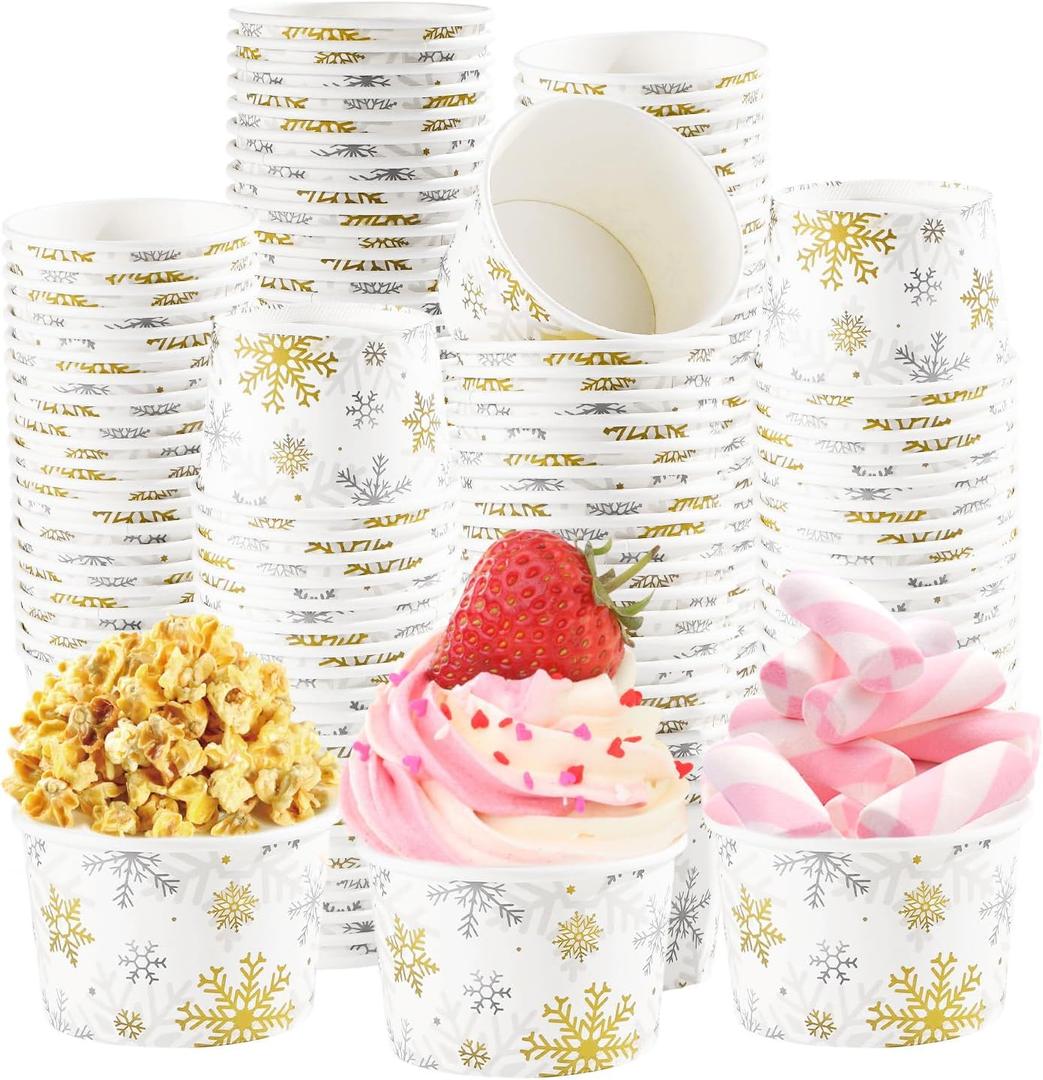 120Pcs Winter Snack Cups 12 Oz Gold Silver Snowflake Ice Cream Cups Christmas Dessert Disposable Soup Bowls Winter Paper Cup Container for Hot or Cold Food Candies Holiday Snowflake Party Decorations