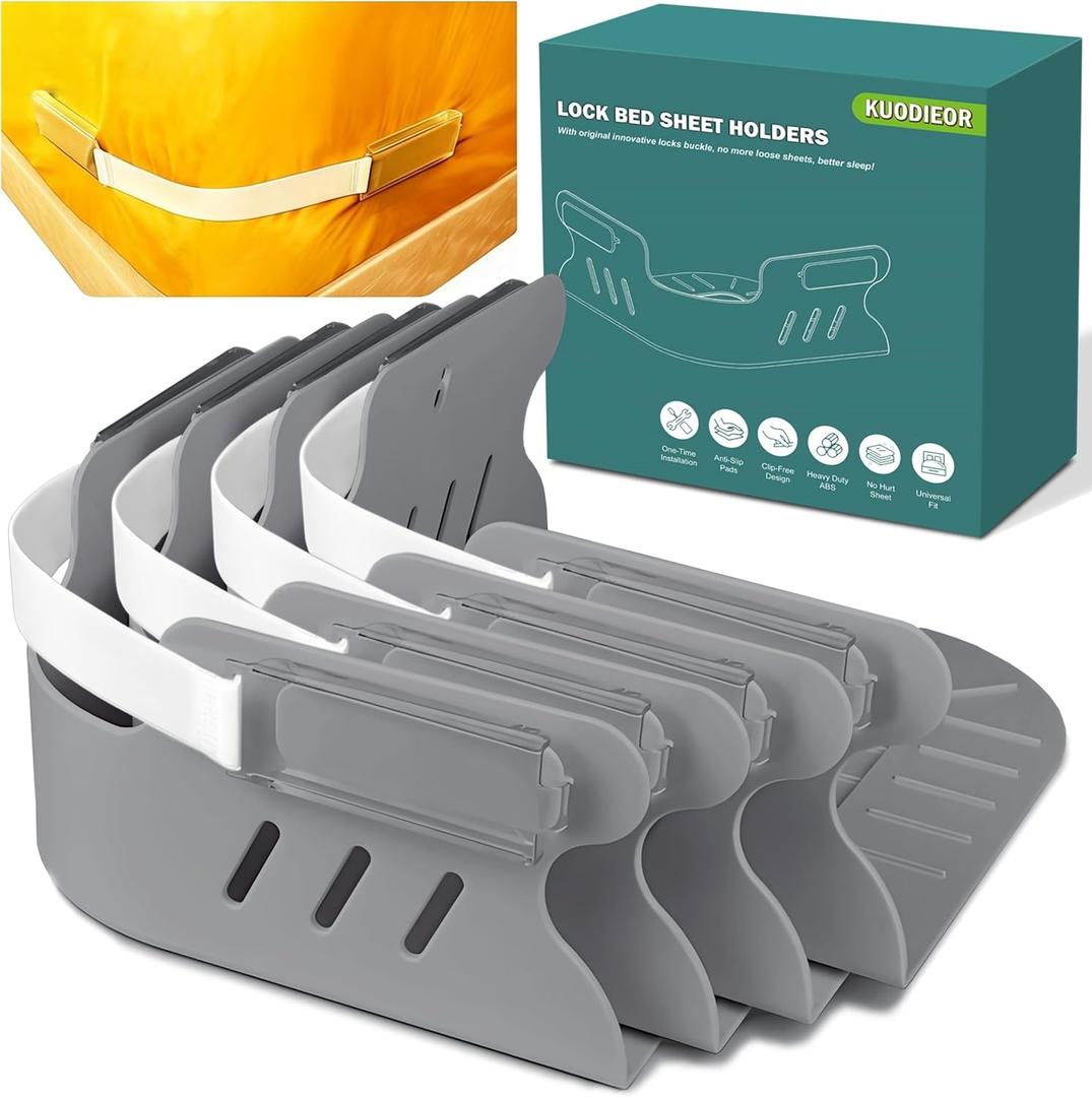 Bed Sheet Holders for Corners, Heavy Duty Fitted Sheet Holder with Lock Fastener Straps &Anti-Slip Pads Keep Sheets Firm&Tight, No More Loose Sheets, Easy Installation for Any Mattress Sizes(Set of 4) (Gray)