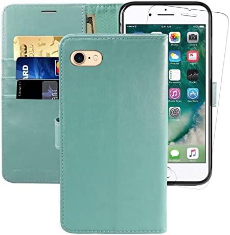 MONASAY Case Compatible for iPhone SE 2022/2020 5G,iPhone 7/8 Wallet Case,4.7-inch, [Glass Screen Protector] Flip Folio Leather Cell Phone Cover with Credit Card Holder, Mint