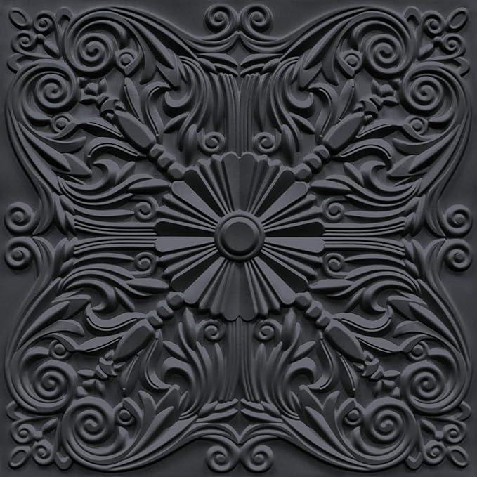 Art3d Decorative Ceiling Tile 2x2 Glue up, Lay in Ceiling Tile 24x24 Pack of 12pcs Spanish Floral in Black