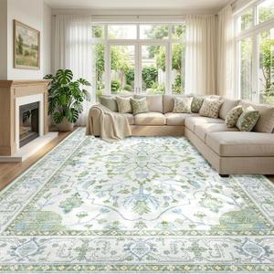 RELEANY Area Rugs Large 9'x12' Washable Non-Slip, Floral Vintage Distress Medallion Carpet for Living Room Bedroom Dining Room, Green White Blue