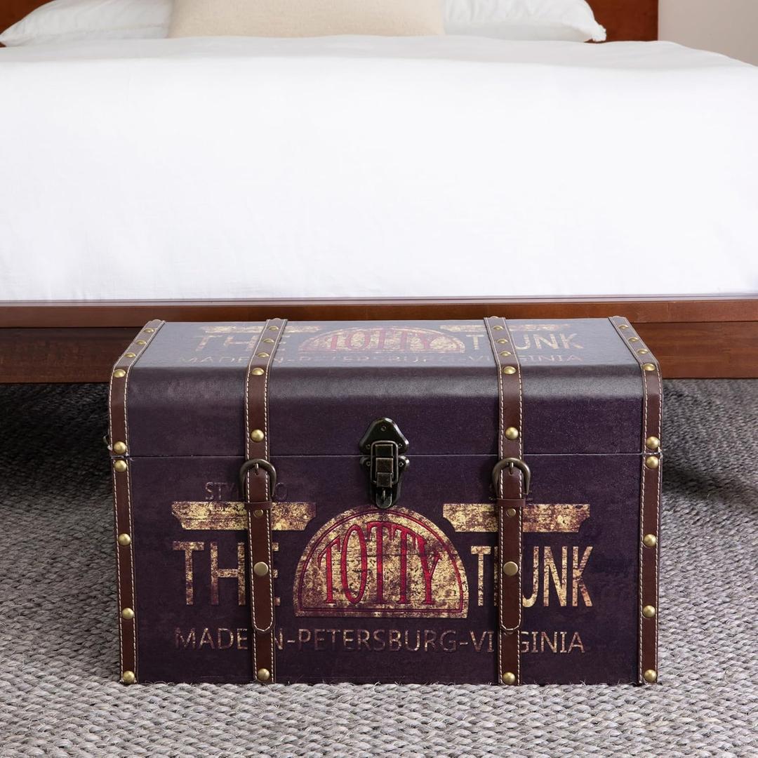 Household Essentials Large Decorative Trunk, Vintage Decoupage, Metal Accents with Leather Strapping, Strong MDF Frame, Clasps Shut, Brown