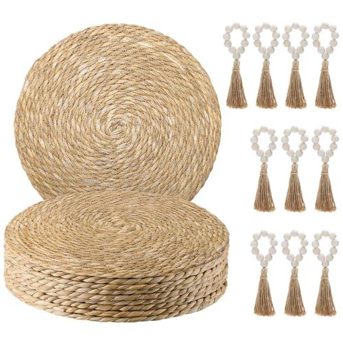 Hardcometrue Boho Woven Placemats Set of 10 with Wooden Napkin Rings, Round Charger Plates, Natural Ranttan Dinner Place Mats for Dining Table Decor - 13.8 inch