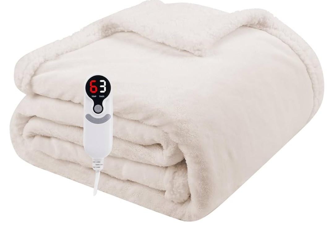 Electric Heated Blanket Throw Size 50"x60", Soft Flannel with Overheat Protection, 9 Adjustable Heat Settings & 10-Hour Auto-Off Timer, Fast Heating for Winter Comfort, White