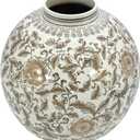 Galt International Brown & White Ceramic Floral Chinoiserie Globe Vase 12" Dia. - Round Bulb Shape Flower Vase Jar Classic Antique Home Decor