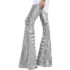 EVALESS Women Sequin Pants Sparkly Glitter High Waisted Wide Leg Flare Trousers Bell Bottom Night Out Clubwear (Medium, Silver)
