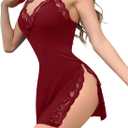Sexy High Split Side Floral Lace Babydoll Lingerie Dress Set 2 Piece with Thong (Medium,  Red)
