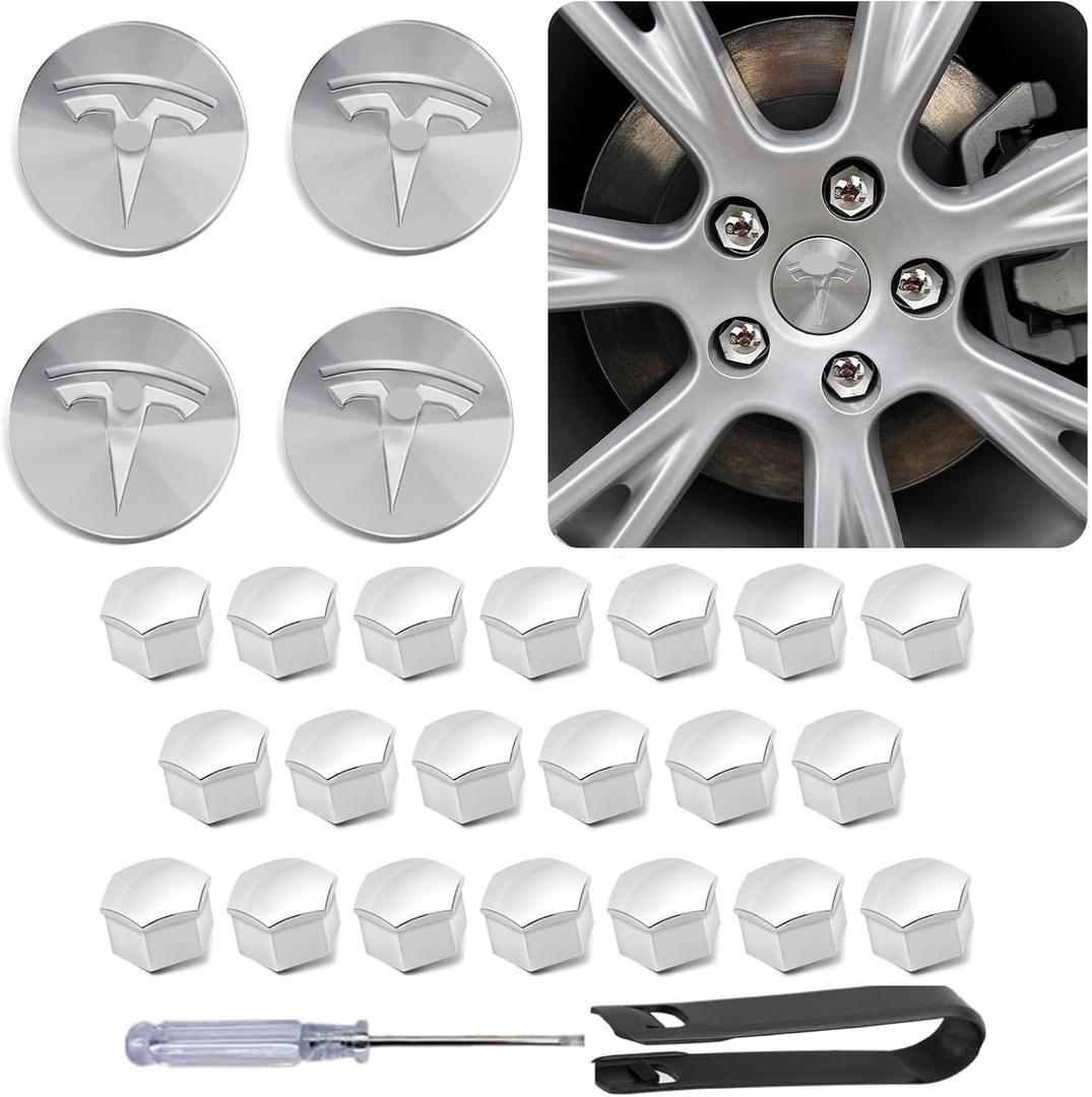 Wheel Cap Kit for Tesla Model Y/Model 3, for 19 Wheels only, 4 Hub Center Caps + 20 Lug Nut Covers + Puller and Screwdriver for Uninstalling, Silver