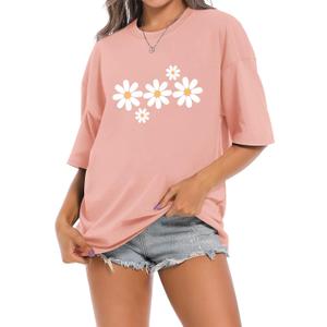 Faktuzi Daisy Shirts for Women Oversized T Shirts Flower Graphic Tees Vintage Floral Print Crewneck Cotton Short Sleeve Tops (Pink, M)