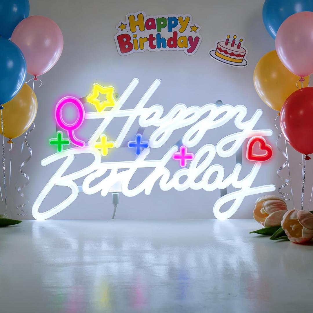 Happy Birthday Neon Sign, LED Happy Birthday Light Up Sign, USB Powered Dimmable Neon Light, Birthday Neon Sign for Wall Decor, Perfect for Backdrop Birthday Party Decoration (Color)
