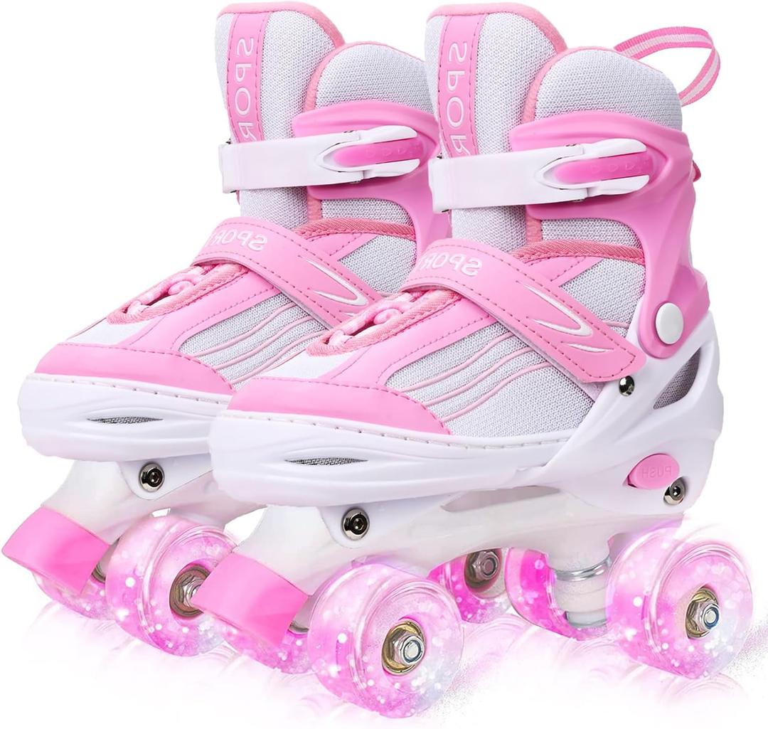 LEJIJIT Roller Skates for Kids Boys Girls Toddler Ages 3-12, Adjustable 4 Sizes for Kids and Youth Teen with Light Up Wheels, Quad Red Roller Skates for Sports (Pink)