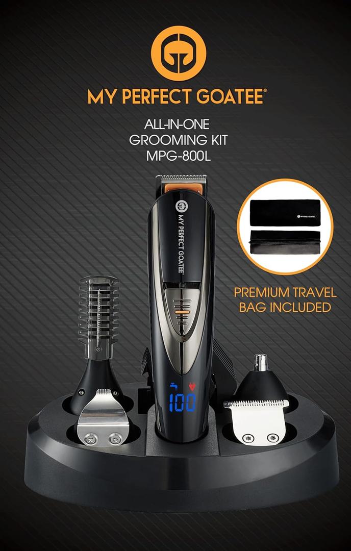 My Perfect Goatee 13-in-1 Mens Grooming Kit - LED Display Beard Trimming Kit with Travel Bag, Charging Stand, & More - Waterproof, Cordless Electric Trimmer for Nose, Body, & More  Ideal Gift Set