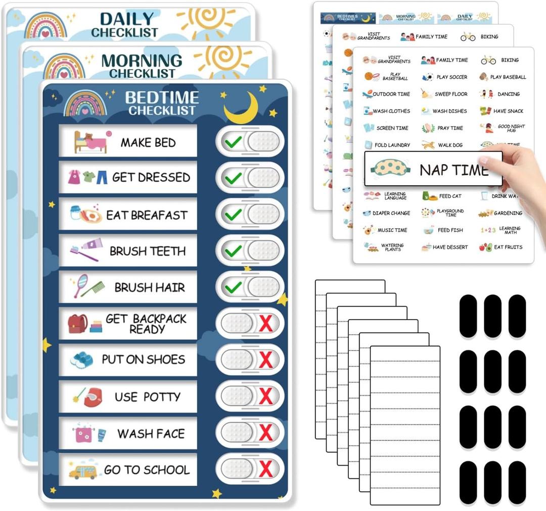 Upgraded Slider 3 in 1 Bedtime/Morning/Daily Routine Chart for Kids, Magnetic Chore Chart for Kids, Visual Schedule for Kids Toddlers Schedule Board for Home