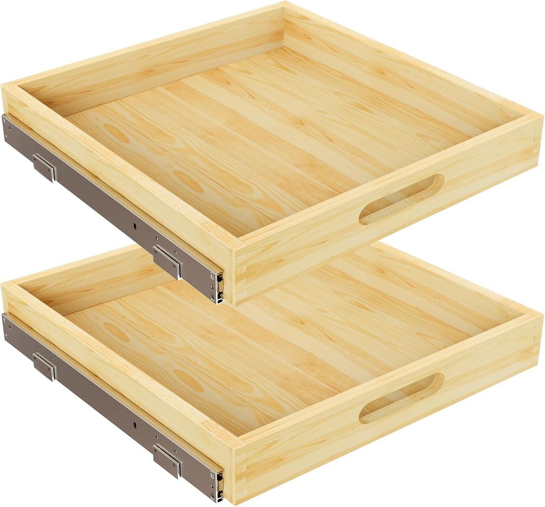 2 Set Pull Out Cabinet Organizer, Soft Close Slide Out Wood Drawer Storage Shelves for Kitchen, Base Cabinet Organization for Pantry, Finished, Heavy-Duty, Bottom Assembly (24 W x 21