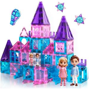 Magnetic Tiles 58PCS Princess Castle Building Blocks, Faceted Diamond STEM Toys for Girls Boys Age 3-5 4-8, Fairy Tale Construction Set with Prince Princess Figures & Stairs, Creative Portable Gift