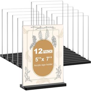 Acrylic Sign Holder 5x7, 12 Pack Double Sided Clear Display Stand with Black Base, T-Shape Table Number Holders, Plastic Picture Frames, Flyer Menu Brochure Sign Holder for Office, Show Fair, Restaurants