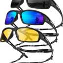 Polarized Sunglasses Men, Sports Sun Glasses Womens UV400 Protection for Fishing Running Driving (Black/Ice Blue/Night Vision)