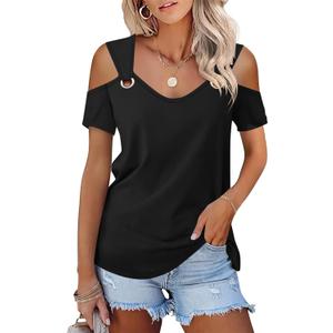 Minetom Women's Cold Shoulder Tops Short Sleeve V Neck T Shirts Basic Summer Tees (Medium)