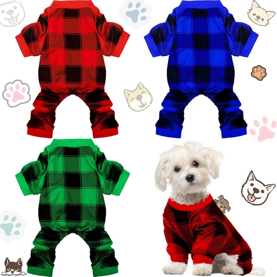 3 Pieces Christmas Dog Pajamas Red Buffalo Plaid Jumpsuit Puppy Pet Pajamas Buffalo Check Cute Apparel for Small Medium Dog Cat Chihuahua Puppy Christmas Costume(M (fit 5.5-7.7lbs))
