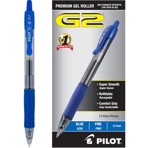 Pilot G2 Premium Gel Roller Pens, Fine Point 0.7 mm, Blue Ink Pens Fine Point, Pack of 12 - Ideal for School, Journaling, and Office Writing