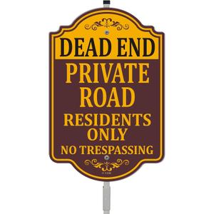 Dead End Private Road Residents Only No Trespassing Sign 12" x 8" With 35" Long Metal Property Driveway Traffic Stake With Stand Aluminum Outdoor Use Yard