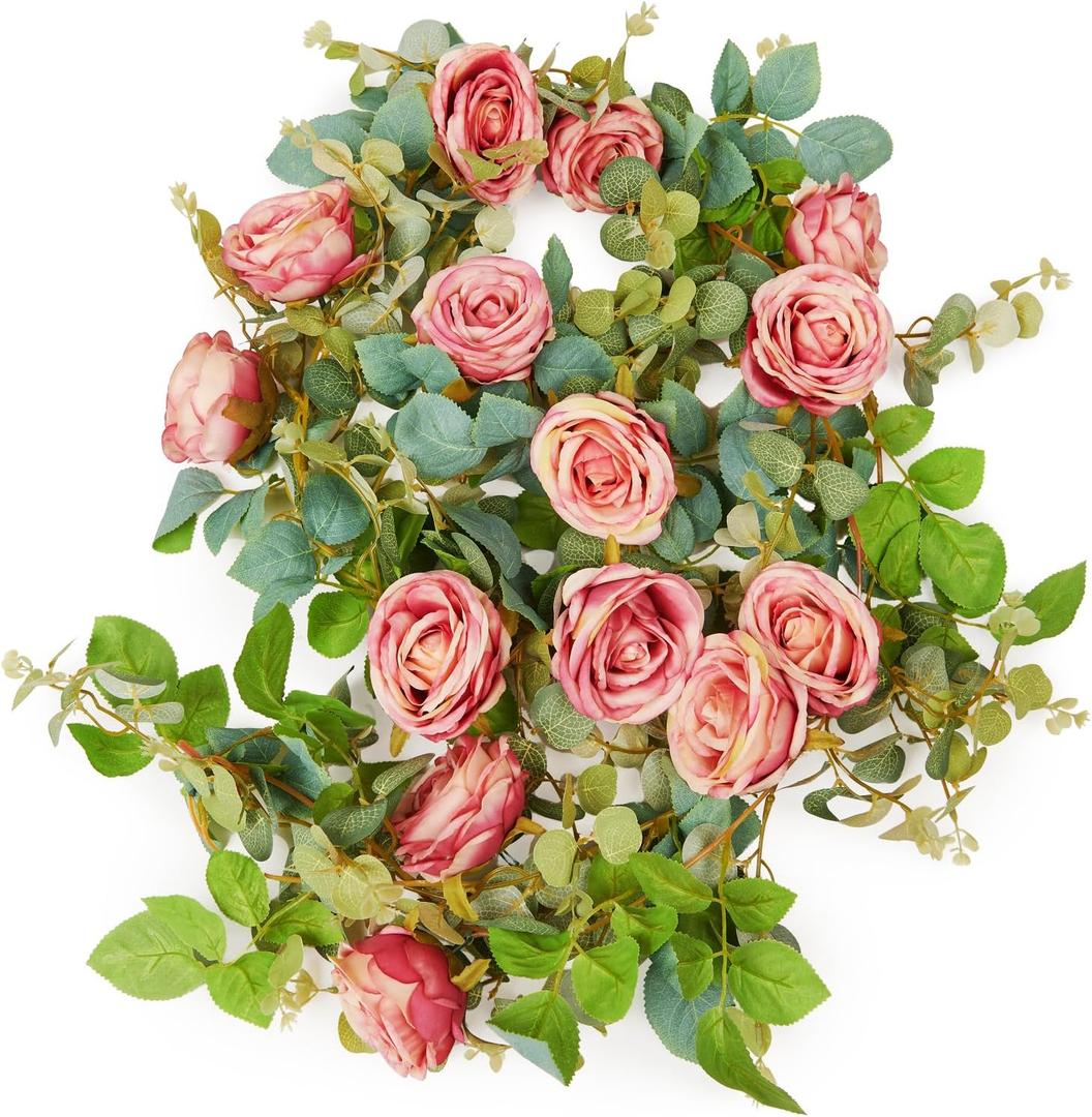 Flower Garland, Artificial Rose Vine Flowers Plants, Hanging Fake Roses Vine for Room Anniversary Wedding Birthday Christmas Arch Decor, 2 Vines Together, Floral Garland, Purple Flower (2 Vines High Realistic, High Realistic-purple-5.6ft)