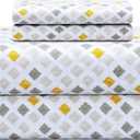 Feather & Stitch Softest 100% Cotton Sheets, 300 Thread Count Percale Weave Bedding, 16" Deep Pocket, Cooling Sheets, Breathable Bed Set, Hotel Premium Quality (Full, Yellow Diamond)