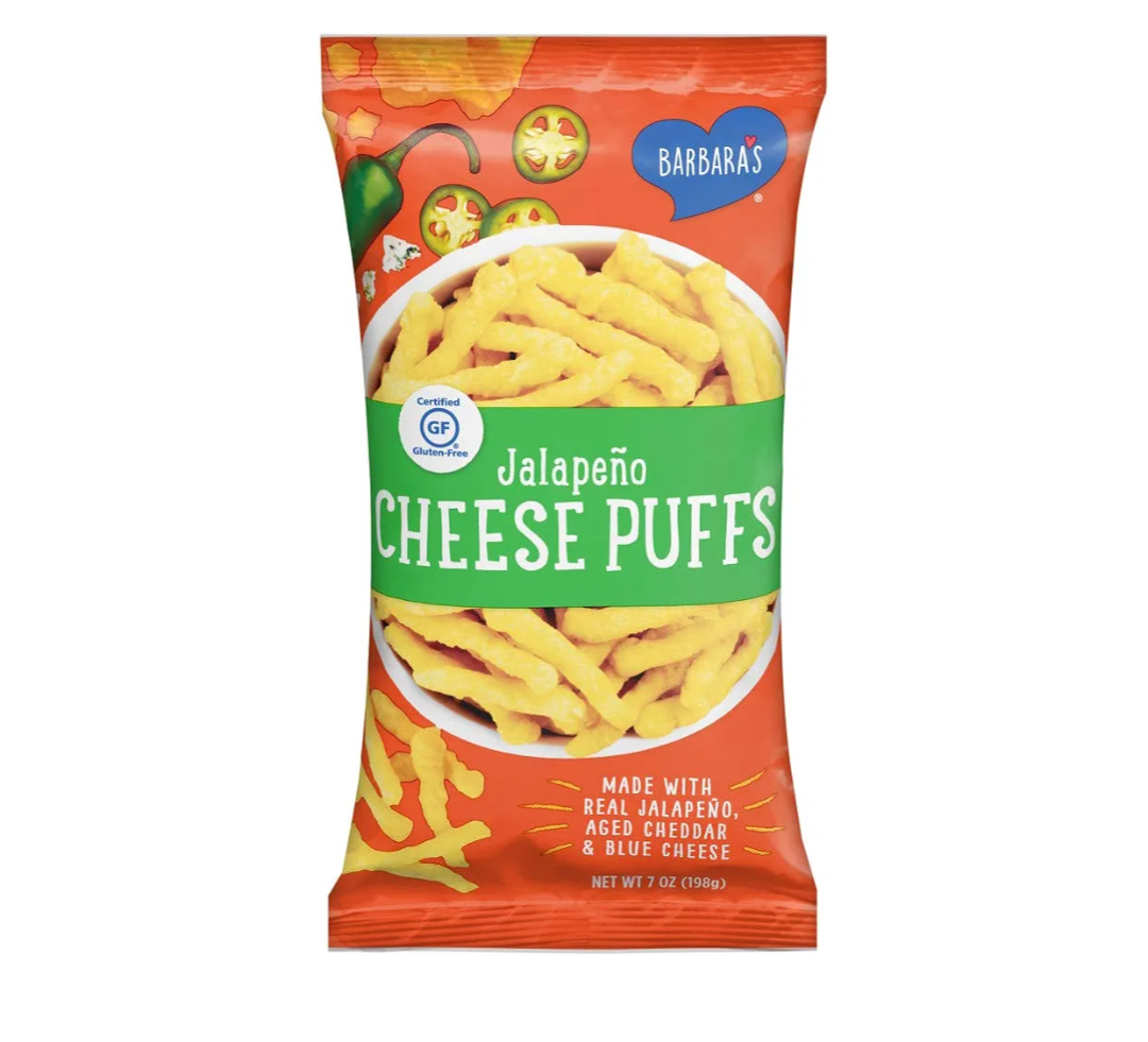 Barbara's Bakery Jalapeno Cheese Puffs, Cheese Puffed Kids Snack Made With Real Aged Cheddar and Blue Cheese, Gluten Free Snack, 7 OZ Bag BB: NOV 16 2025