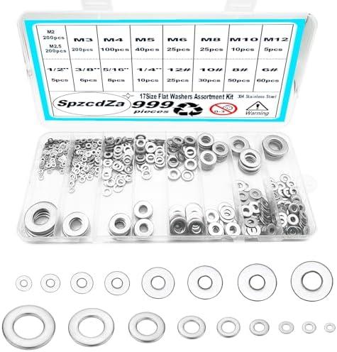Washers, 999Pcs Washers for Screws, 304 Stainless Steel Flat Washers, Flat Washers for Bolts Assortment, Fender Washers Set, Metal Washers,17Sizes(M2 - M12 and #6-1/2")