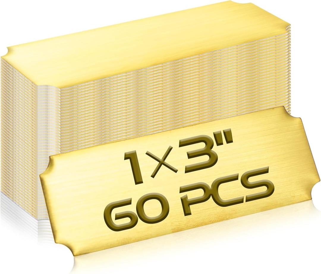 Therwen 60 Pcs Engraved Name Tag Blank Laser Brushed Plate Personalized Plaque Custom Stainless Steel Name Plates Frame Label with Adhesive Backing for DIY, 1 x 3 Inches(Gold,1" X 3")