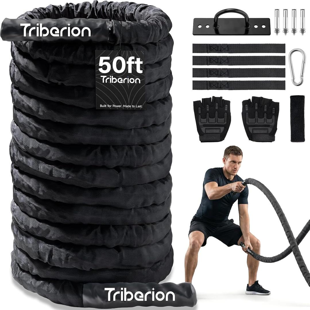 Battle Rope for Home Gym Workout - 1.5 Inch 50ft Heavy Weighted Training Exercise Ropes Fitness Equipment with Sleeve and Anchor Strap Kit for Crossfit Outdoor Working Out