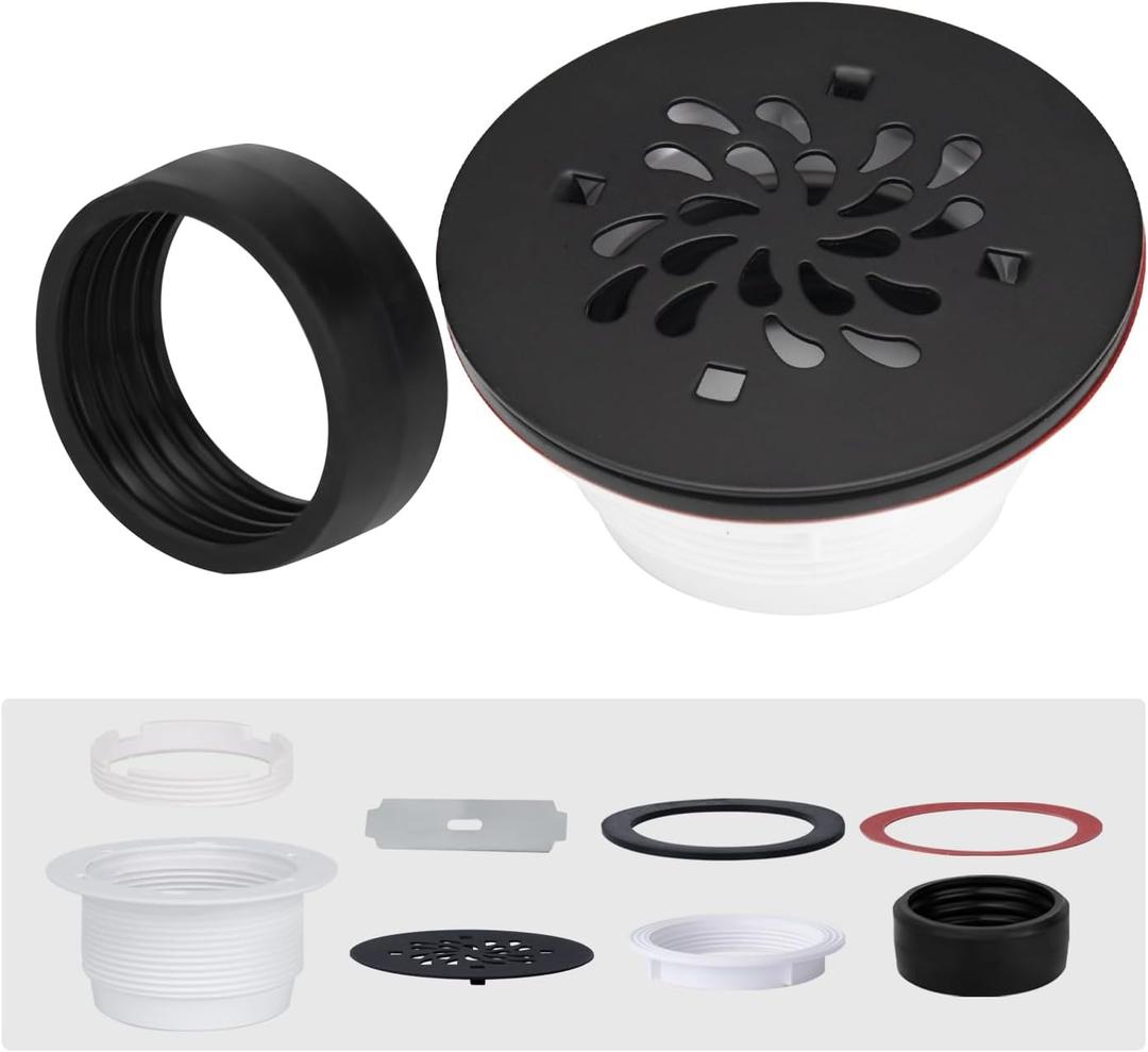 4-1/4 inch Round Shower Base Drain - 2" Pipe No Caulk PVC Compression Shower Drain 304 Stainless Steel with Waterproof Rubber - Matte Black Strainer for Bathroom - For Shower Base,Shower Pan