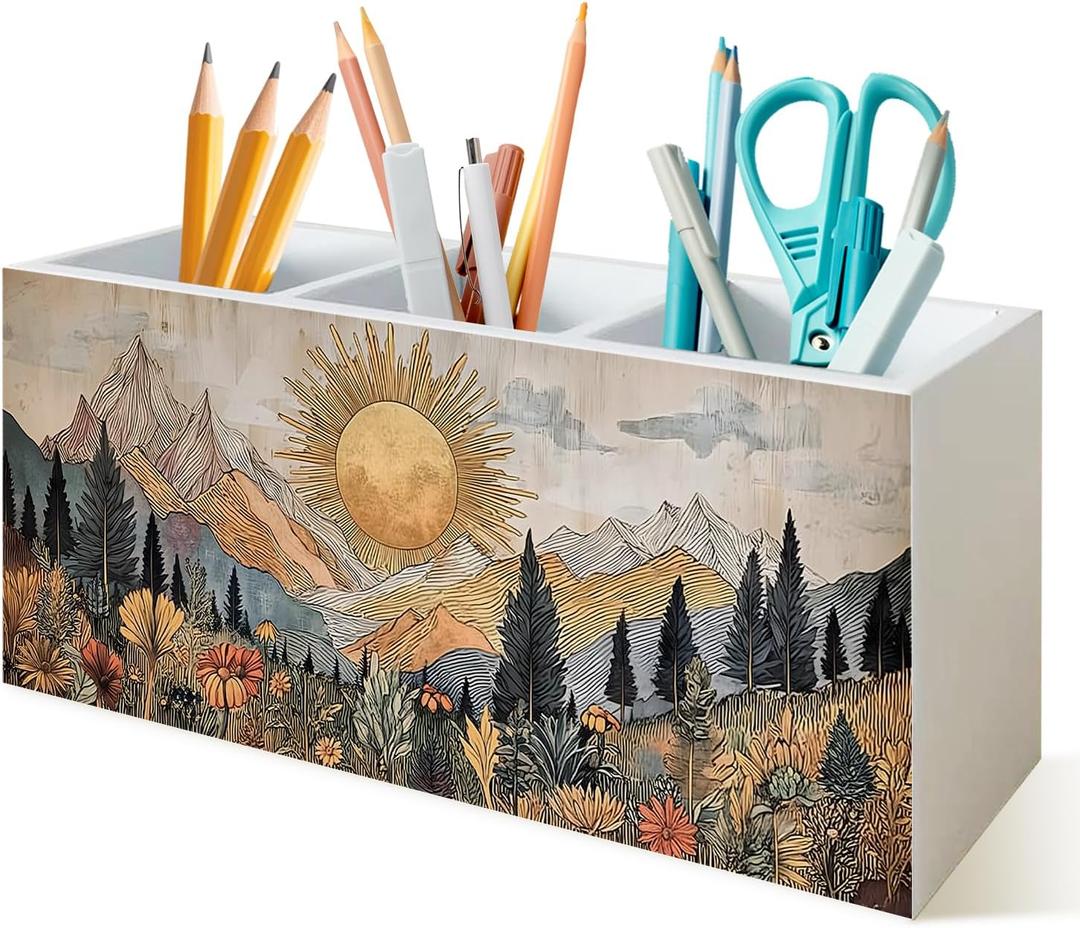 Boho Floral Southwestern Boho Sun Pen Holder for Desk,Western Mountain Desert Cactus Landscape Wooden Box Sign Desk Decor for Home Office Desk Tabletop Decoration,Sun Sunrise Sunset Floral Decor