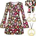 Haysandy 70s 80s Women Hippie Costume Set Disco Outfit Peace Sign Earring Necklace Headband Dress for Women Halloween Party (XXLarge)
