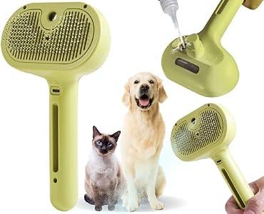 4 x Cat/Dog Grooming Brush with Steamer - Deshedding Brush for Pet Hair, Bath Brush with Water Spray and Hair Comb (Yellow)