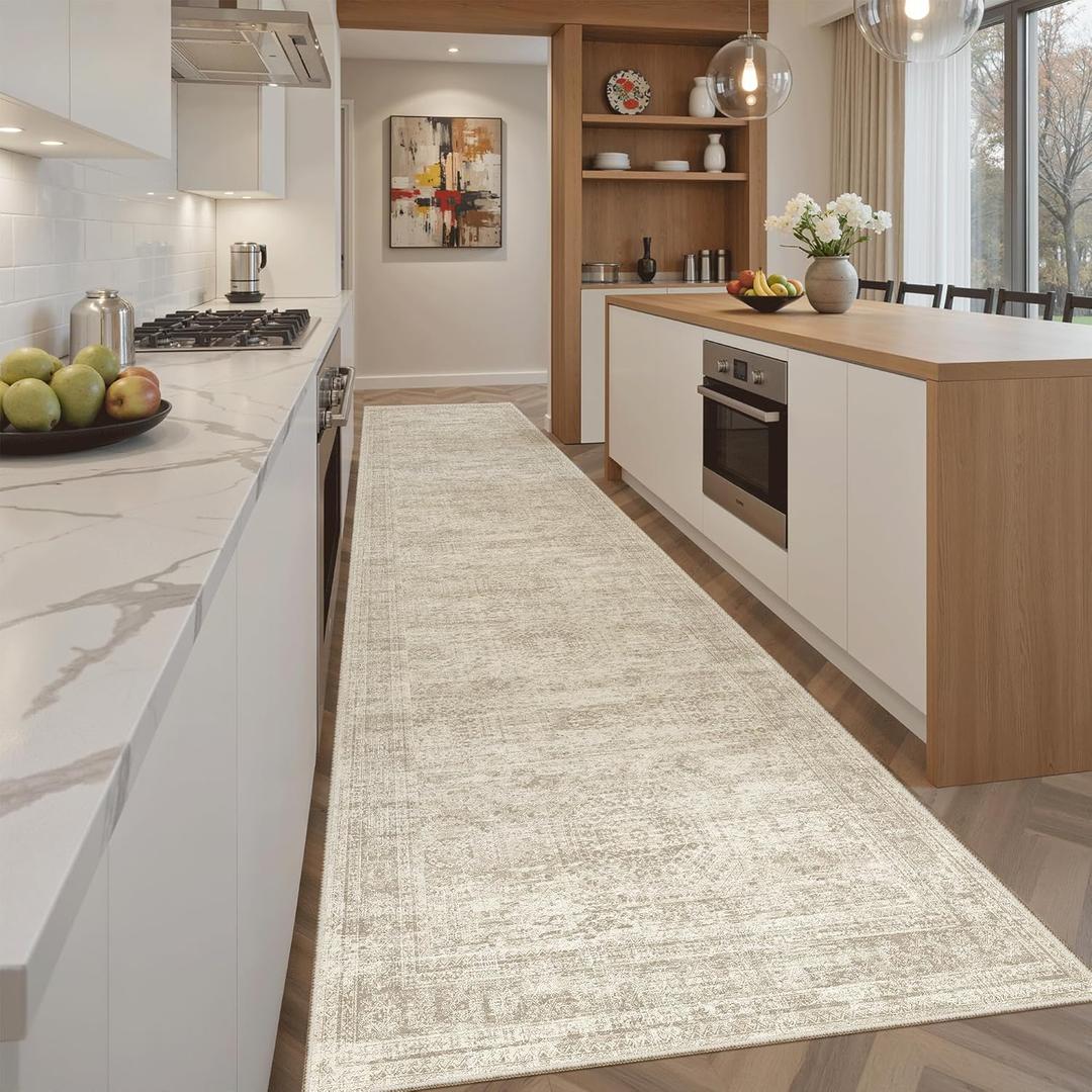 Runner Rug 2'6" x 10' Washable Non-Slip Runner Rugs for Kitchen Bathroom Laundry Room Vintage Ultra Thin Runners for Hallway Entryway Beige