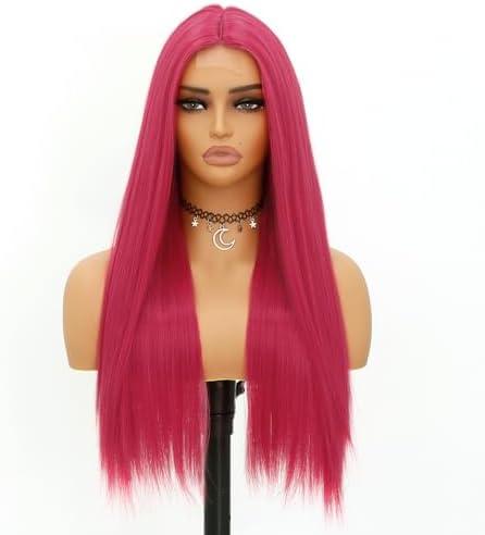 Hot Pink Wig Synthetic Lace Front Wigs Silky Straight for Women Long Curly Fuchsia Pink Wig Cap With Bangs Natural Straight Synthetic Fiber Glueless Hair Wigs for Daily Party Cosplay