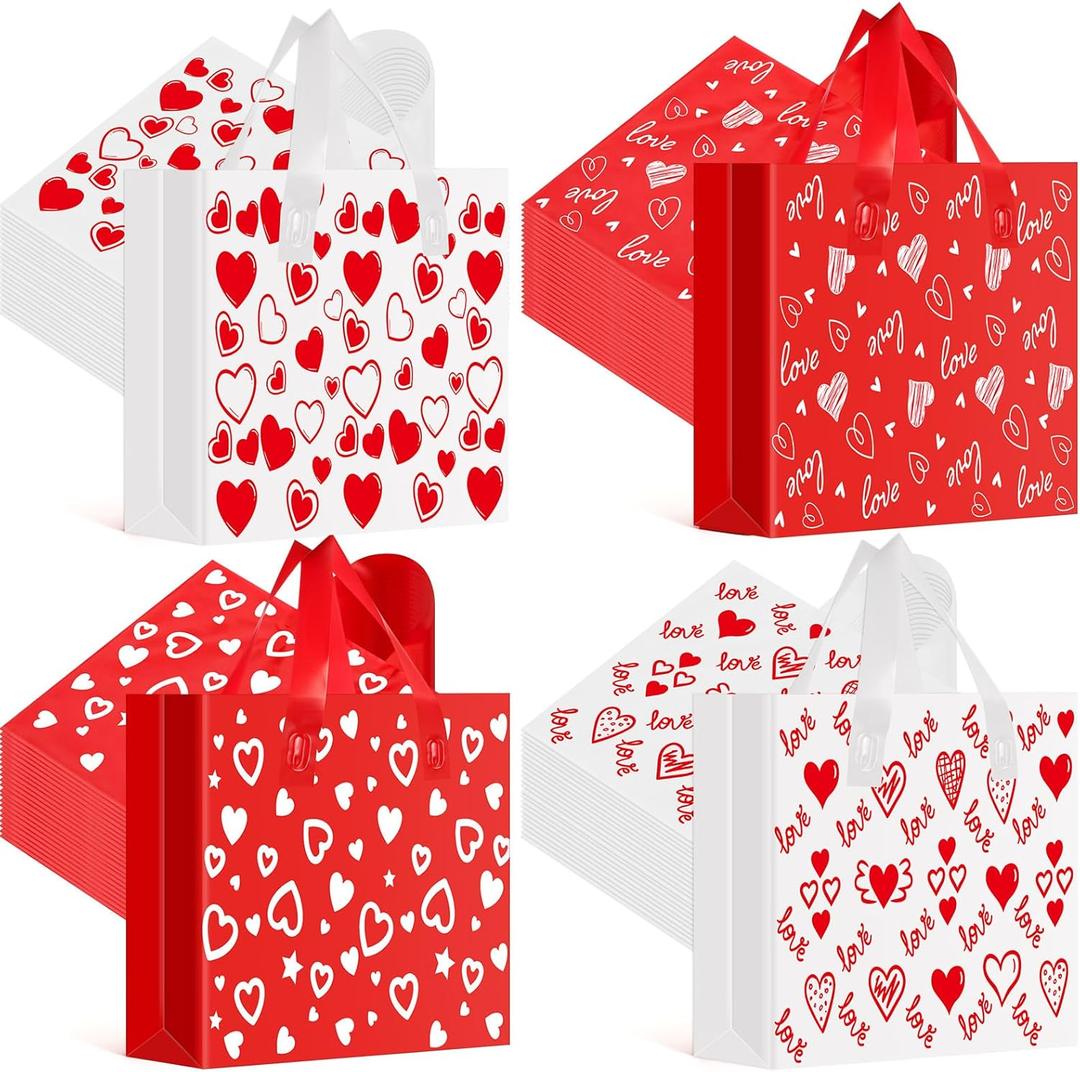Tenceur 100 Pieces Heart Plastic Gift Bags Red and White Heart Large Shopping Bags with Handle 13'' x 10'' Treat Goodie Merchandise Tote Bulk for Holiday Party Supplies