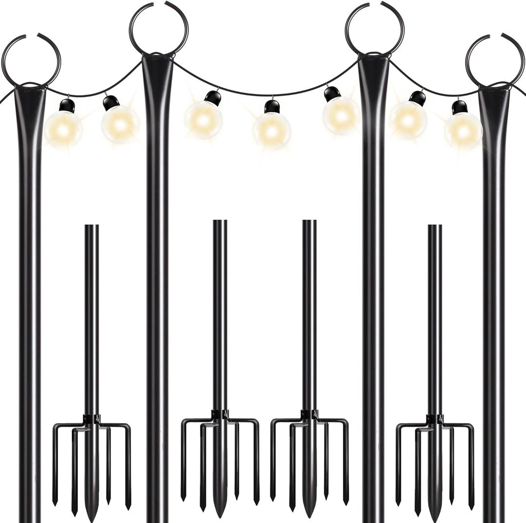 Walensee 4 Pack String Light Poles with Hook, 9.4FT Outdoor Metal Lighting Pole for Hanging String Lights,Garden Patio Decor,5-Prong Fork Steel Stand Holder for Holiday,Wedding,Easter,Party,Backyard